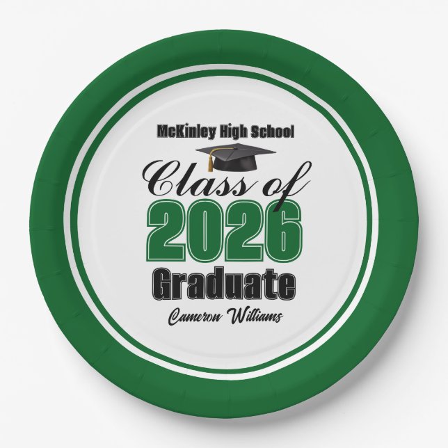 Personalized Green Class of 2026 Graduation Party Paper Plates (Front)