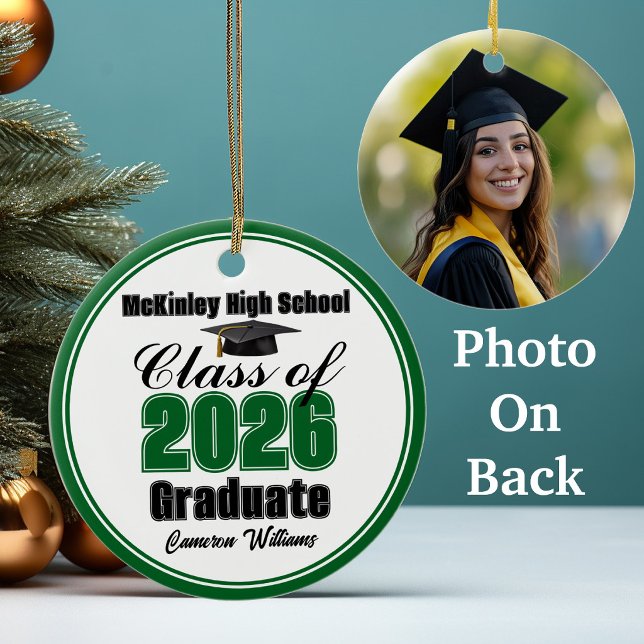 Personalized Green Class of 2026 Graduation Photo Ceramic Ornament (Creator Uploaded)