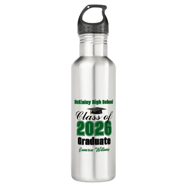 Personalized Green Class of 2026 Graduation Stainless Steel Water Bottle (Front)