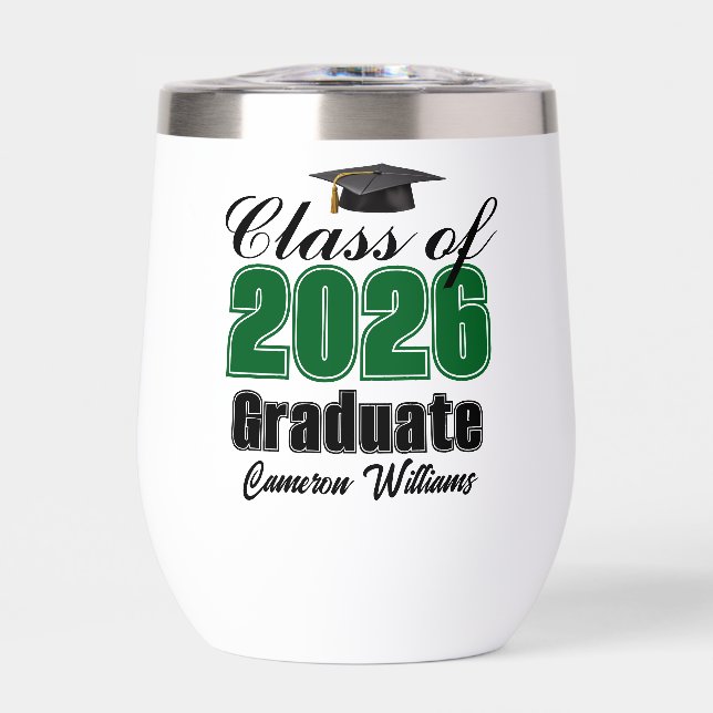 Personalized Green Class of 2026 Graduation Thermal Wine Tumbler (Front)
