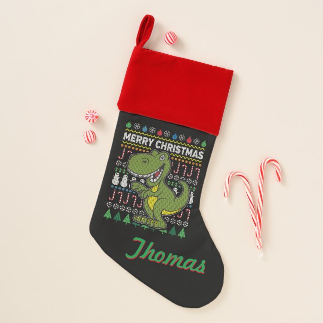 Personalized Green Dino Ugly Christmas Sweater Christmas Stocking (Front)