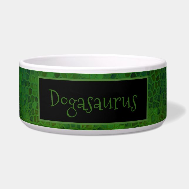 Personalized Green dinosaur Hide Ceramic Pet Bowl (Front)