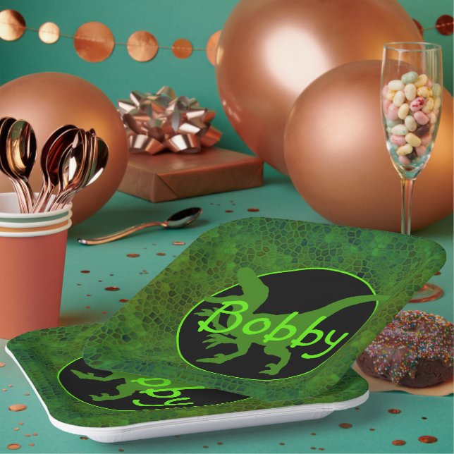 Personalized Green Dinosaur Hide Paper Plate (Multi)