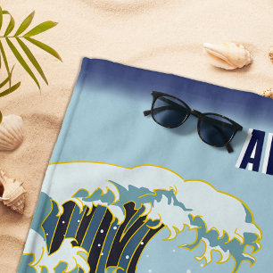 Personalized Green Dragon Blue Wave Red Sun Beach Towel
