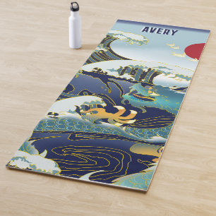 Personalized Green Dragon Blue Wave Red Sun Yoga Mat
