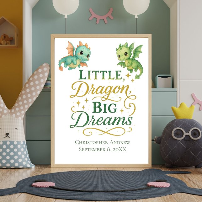 Personalized Green Dragons Birth Stats Baby Boy  Poster (Little Dragon Big Dreams Baby Boy Nursery Wall Art Print. Personalized with Name Birthday Birth Stat)