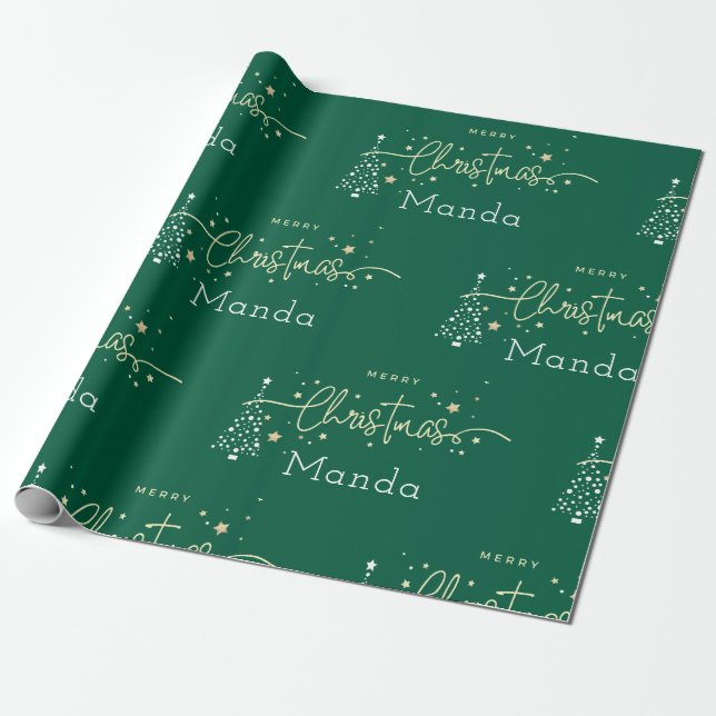 Personalized Green Elegant Script Merry Christmas Wrapping Paper (Unrolled)