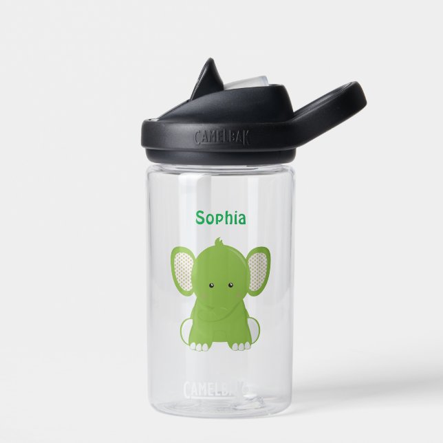 Personalized Green Elephant Water Bottle (Left)