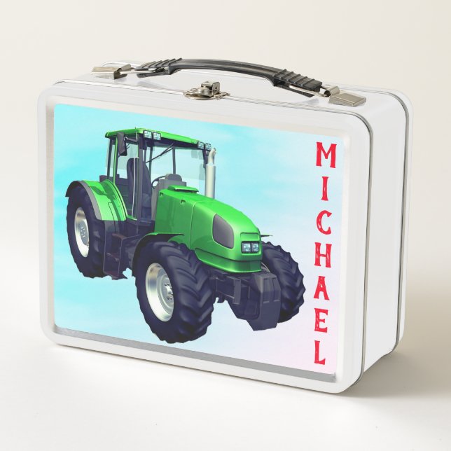 Personalized Green Farm Tractor Metal Lunch Box (Front)