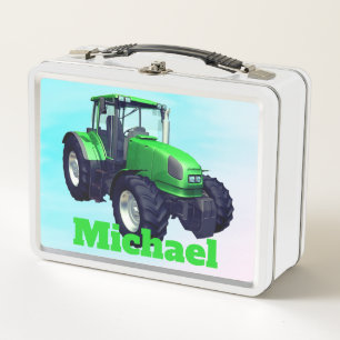 Personalized Green Farm Tractor Metal Lunch Box