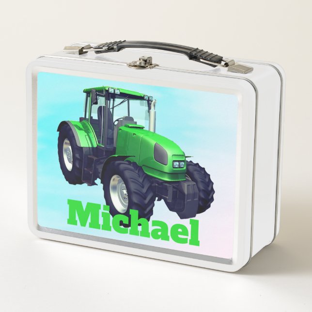 Personalized Green Farm Tractor Metal Lunch Box (Front)