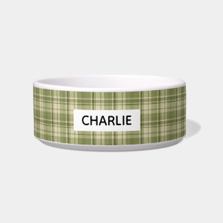Personalized Green Farmhouse Style Plaid Pet Bowl