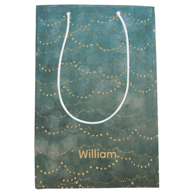 Personalized Green& Faux Gold Fairy Litghts Medium Gift Bag (Front)