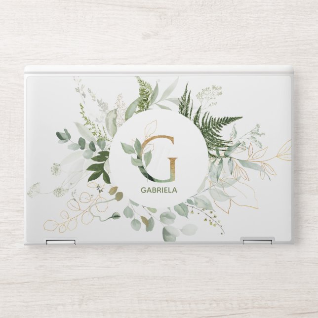 Personalized Green Fern and Gold Monogram HP Laptop Skin (Front)