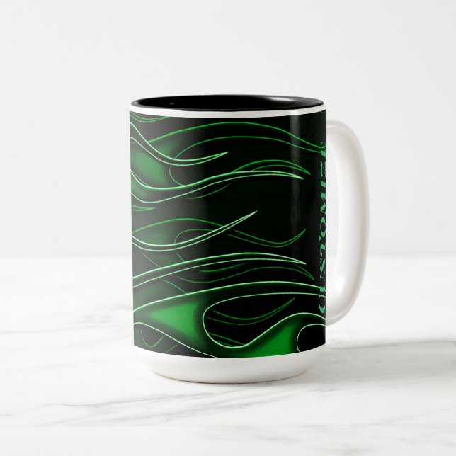 Personalized Green Flames Two-Tone Coffee Mug (Front Right)