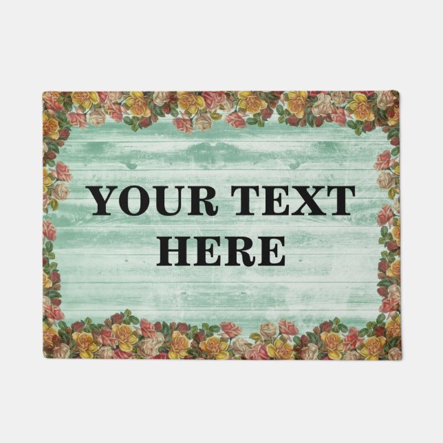 Personalized Green Floral Bamboo Wood Doormat (Front)