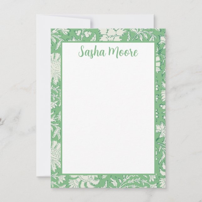 Personalized Green Floral Block Print Stationery Thank You Card (Front)