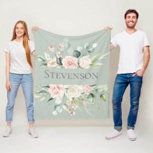 Personalized Green Floral Pink Blush Watercolor Fleece Blanket