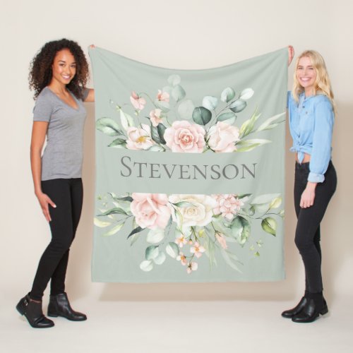 Personalized Green Floral Pink Blush Watercolor  Fleece Blanket