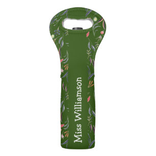 Personalized Green Floral Thank You Teacher Wine Bag