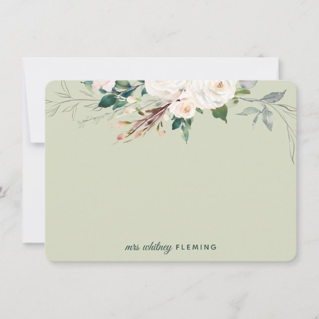 Personalized Green Floral Watercolor Greenery Mrs Note Card (Front)
