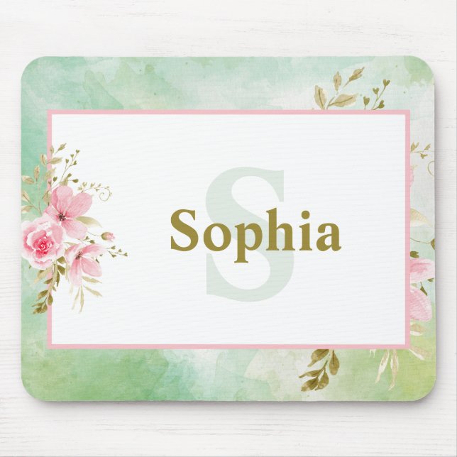 Personalized Green Floral with Name and Monogram Mouse Pad (Front)