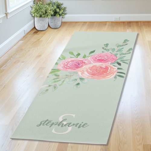 Personalized Green Floral Yoga Mat
