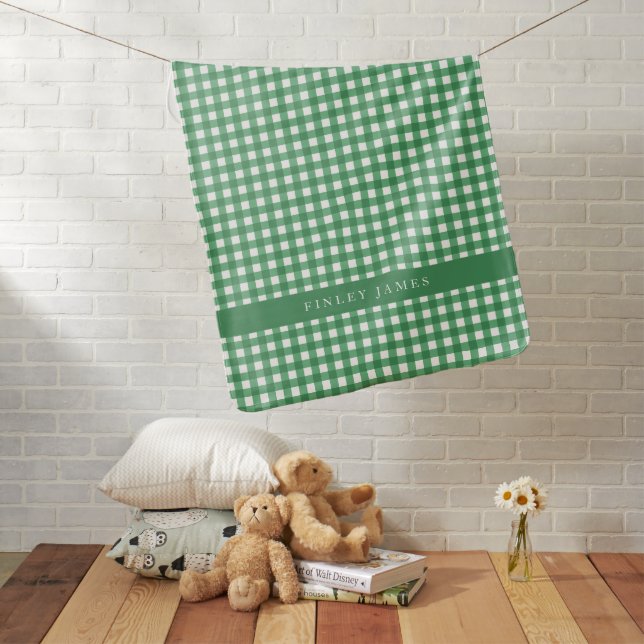 Personalized Green Gingham Checkered Plaid Name Baby Blanket (In Situ)