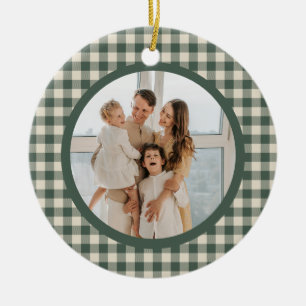 Personalized Green Gingham Family Photo Christmas Ceramic Ornament
