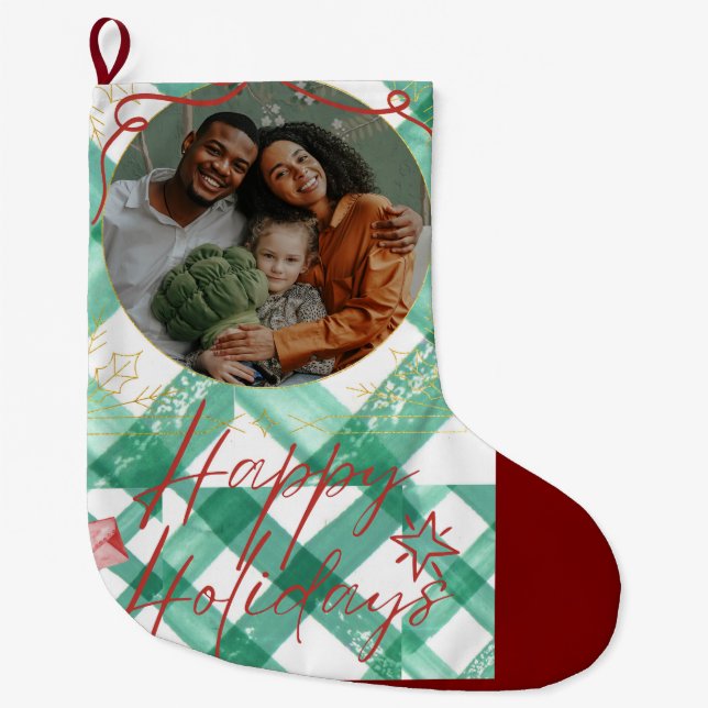 Personalized green gingham large christmas stocking (Front)