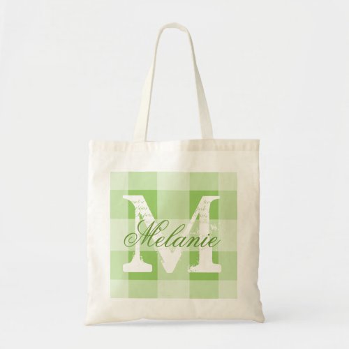 Personalized green gingham monogram tote bag