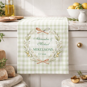 Personalized Green Gingham Newlywed Wedding Kitchen Towel