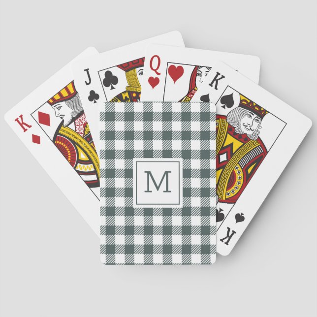 Personalized Green Gingham Plaid Monogram Poker Cards (Back)