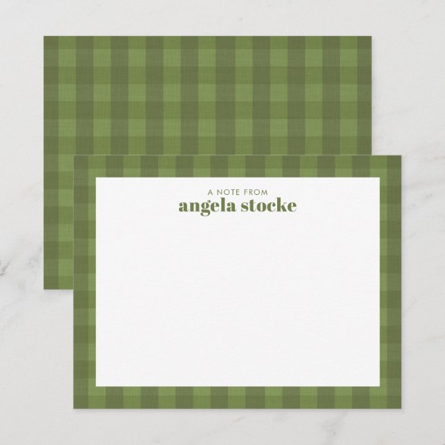 Personalized Green Gingham Plaid Note Card (Front/Back)