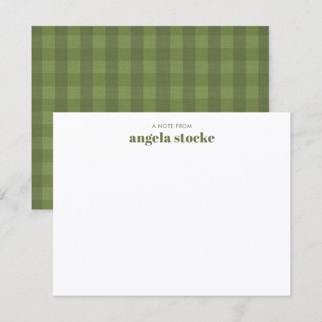 Personalized Green Gingham Plaid Note Card (Front/Back)