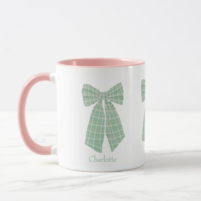 Personalized Green Gingham Romantic Coquette Bow Mug (Left)