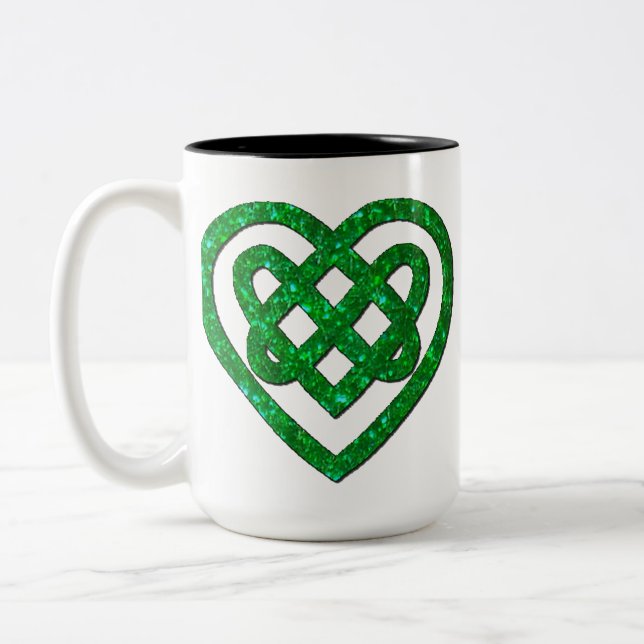 Personalized Green Glitter Celtic Heart Knot Mug (Left)