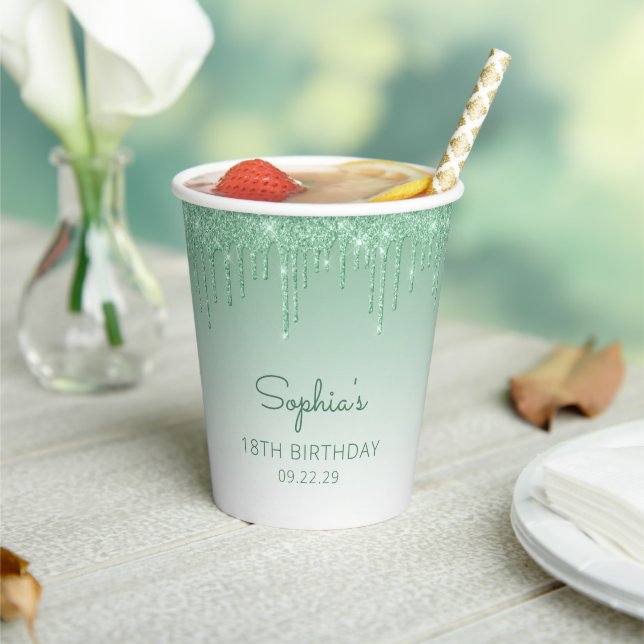 Personalized Green Glitter Drip 18th Birthday Paper Cups (Insitu)