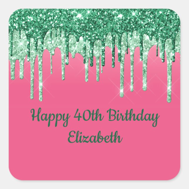 Personalized Green Glitter Drips Pink Party Square Sticker (Front)