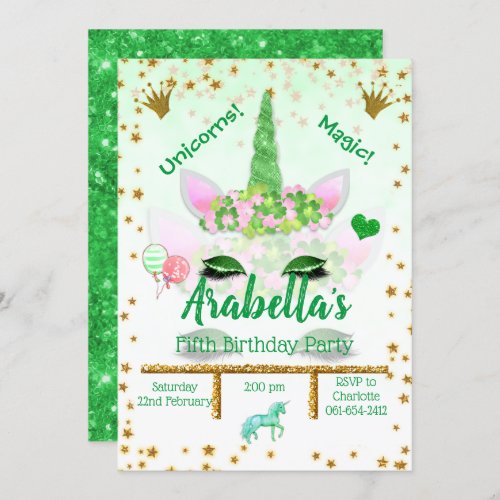 Personalized Green Glitter Unicorn Birthday  Invitation