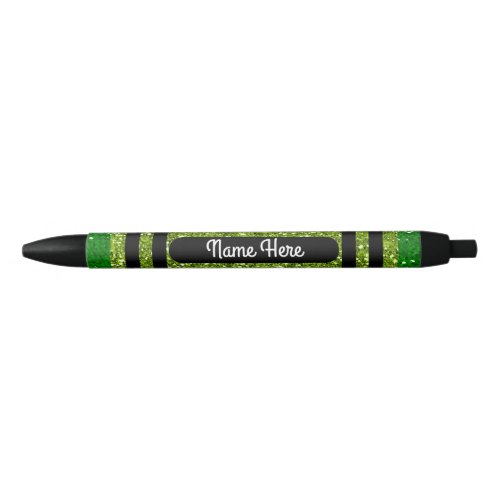 Personalized Green Glittery Crayon Print Black Ink Pen