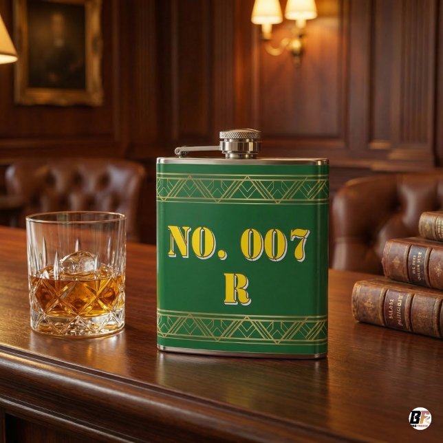 Personalized Green & Gold Art Deco Custom Text Vin Flask (Creator Uploaded)