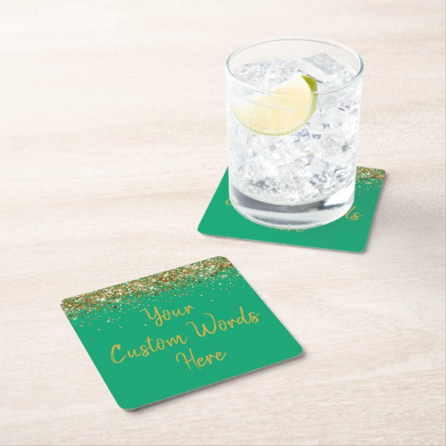 Personalized Green Gold Birthday Party Anniversary Square Paper Coaster (Insitu)