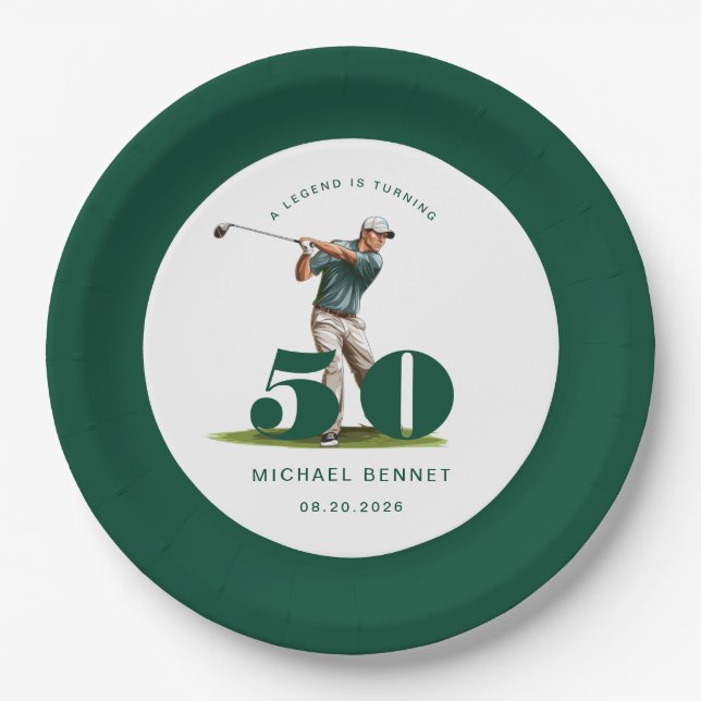 Personalized Green Golf 50th Birthday Paper Plates (Front)