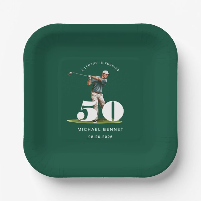 Personalized Green Golf 50th Birthday Paper Plates (Front)