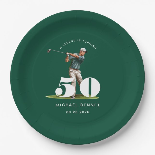 Personalized Green Golf 50th Birthday Paper Plates (Front)