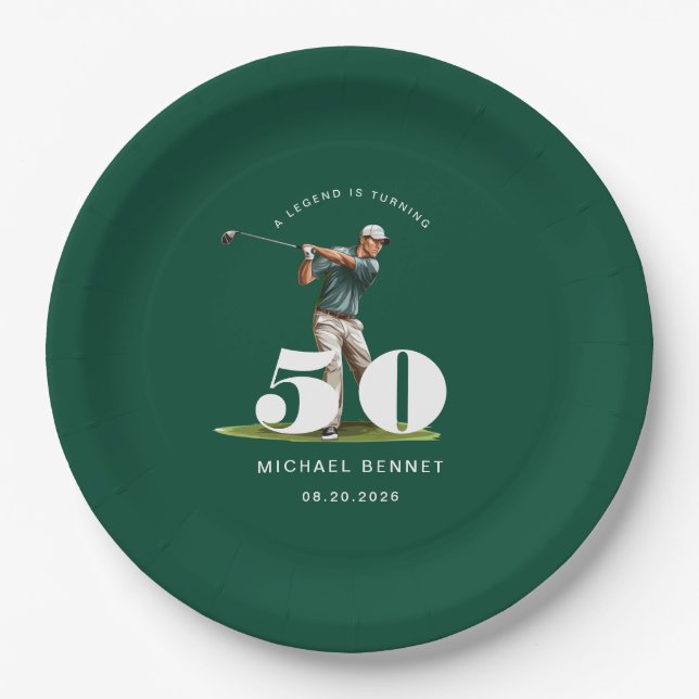 Personalized Green Golf 50th Birthday Paper Plates (Front)