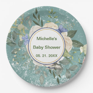 Personalized Green Gray White Florals Paper Plates