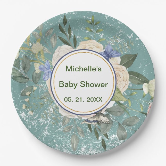 Personalized Green Gray White Florals Paper Plates (Front)
