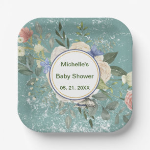 Personalized Green Gray White Florals Square Paper Plates